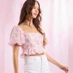 Altar’d State Jacquard Floral Bubble Sleeve Back Tie Peplum Top